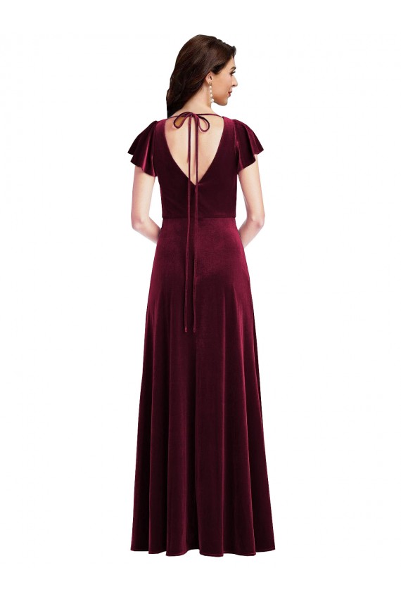 Bordeaux Trapèze Col V Velours Stretch Longue Robes demoiselle d'honneur / Robes de bal à Bas Prix