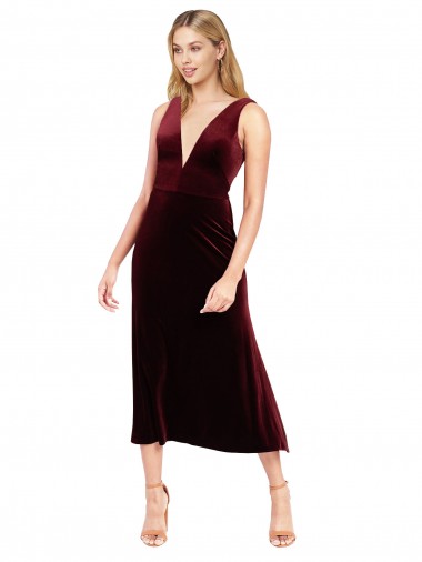Bordeaux Trapèze Col V midi Velours Stretch Courte Robes demoiselle d'honneur / Robes de bal / Robes de cocktail à Bas Prix