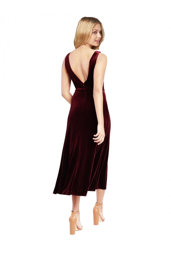 Bordeaux Trapèze Col V midi Velours Stretch Courte Robes demoiselle d'honneur / Robes de bal / Robes de cocktail à Bas Prix