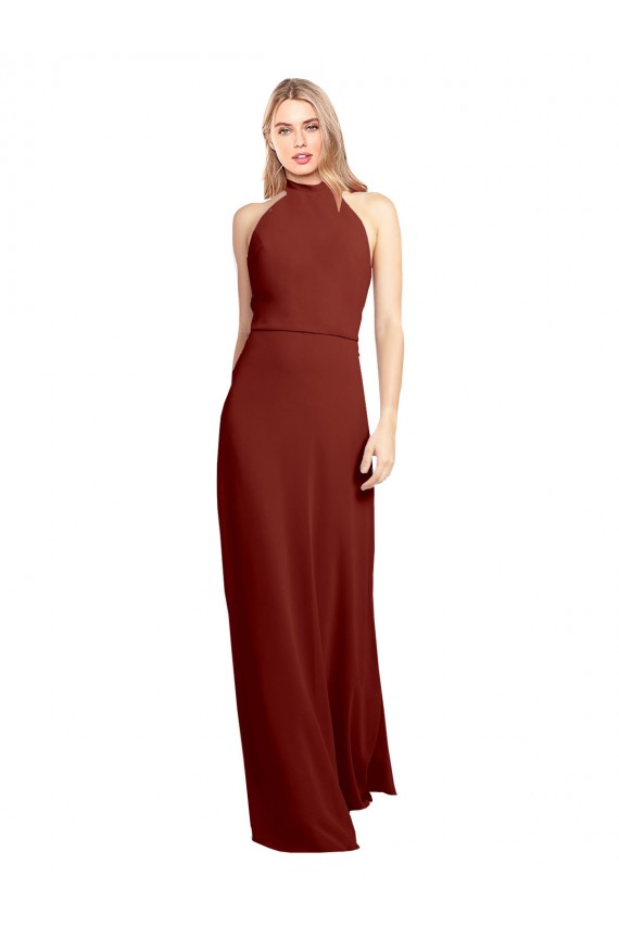 Bordeaux Trapèze Licou Col Haut Mousseline Longue Robes demoiselle d'honneur / Robes de bal à Bas Prix