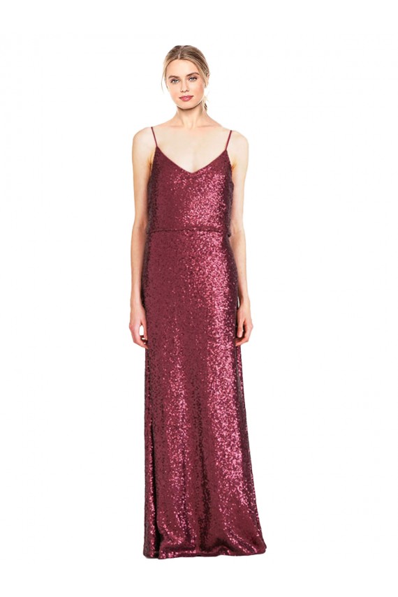 Bordeaux Trapèze Licou Col Haut Paillette Longue Formelles Robes demoiselle d'honneur / Robes de soirée / Robes de bal à Bas Prix