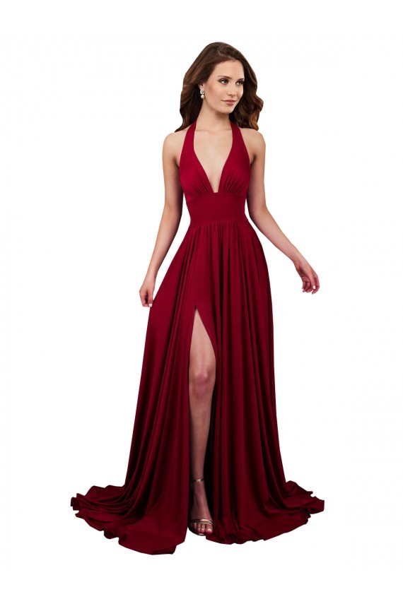 Bordeaux Trapèze Licou Col V Spandex Longue Formelles Robes demoiselle d'honneur / Robes de soirée / Robes de bal à Bas Prix