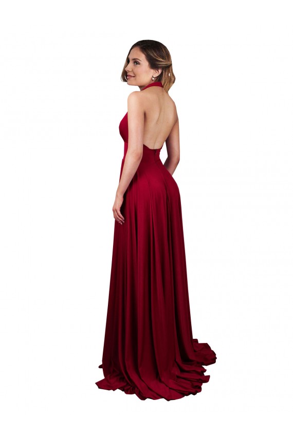 Bordeaux Trapèze Licou Col V Spandex Longue Formelles Robes demoiselle d'honneur / Robes de soirée / Robes de bal à Bas Prix