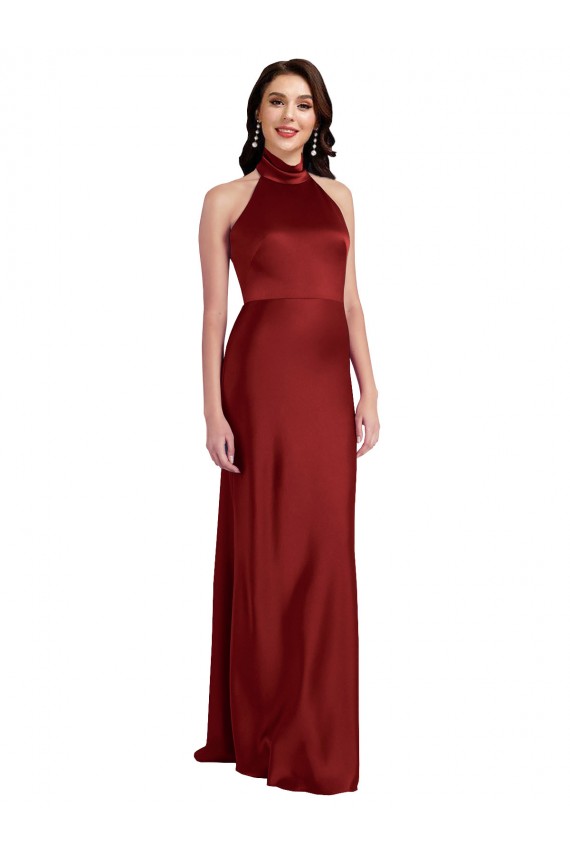 Bordeaux Trapèze Licou Satiné Stretch Longue Formelles Robes demoiselle d'honneur / Robes de soirée / Robes de bal à Bas Prix