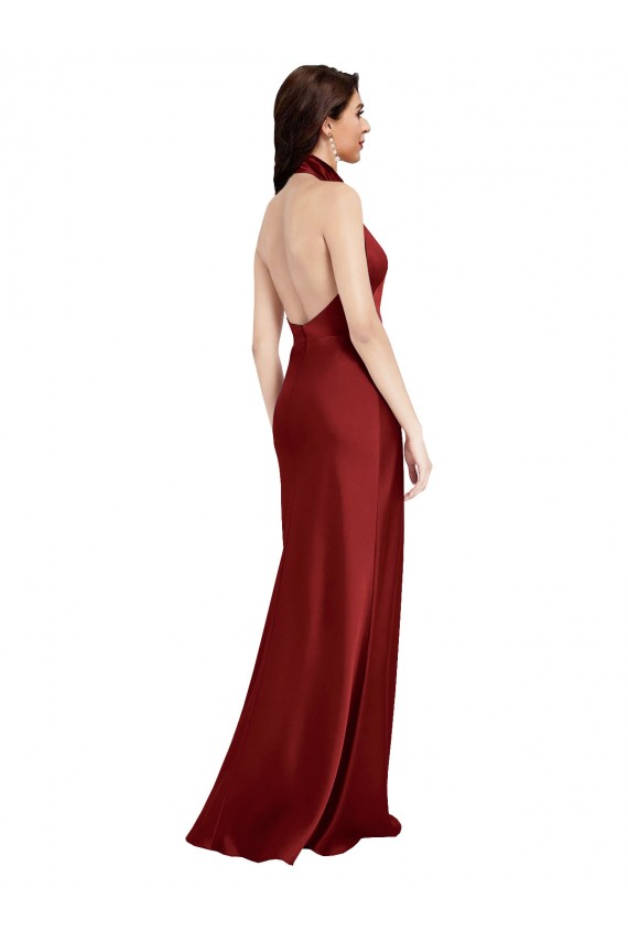 Bordeaux Trapèze Licou Satiné Stretch Longue Formelles Robes demoiselle d'honneur / Robes de soirée / Robes de bal à Bas Prix