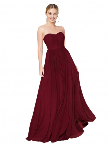Bordeaux Trapèze Sans bretelle Mousseline Longue Formelles Robes demoiselle d'honneur / Robes de soirée / Robes de bal à Bas Prix