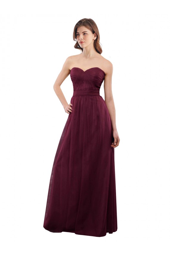 Bordeaux Trapèze Sans bretelle Tulle Longue Robes demoiselle d'honneur à Bas Prix