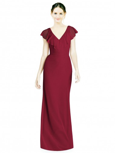 Bordeaux Trompette Col V Mousseline Longue Robes demoiselle d'honneur à Bas Prix