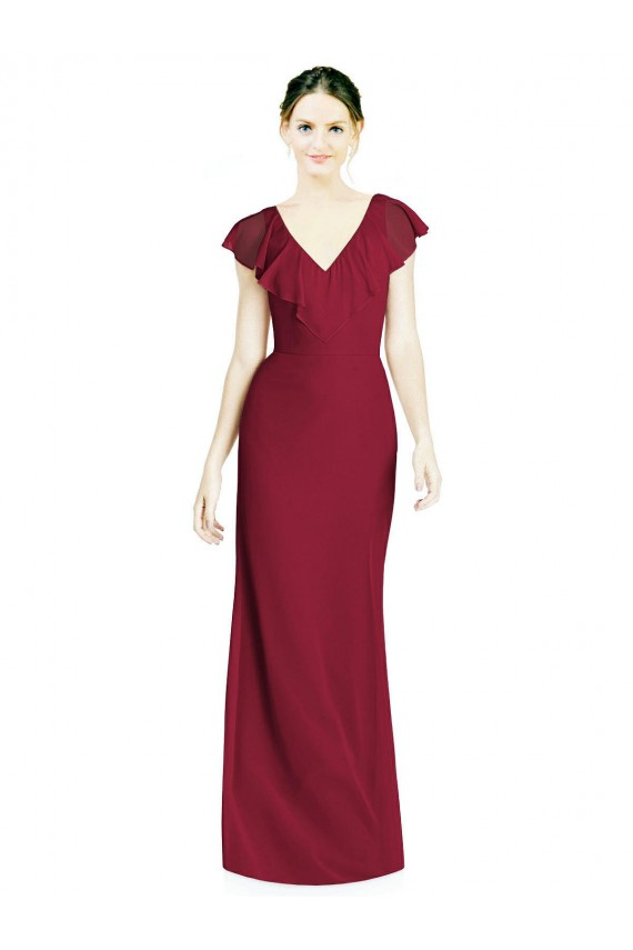 Bordeaux Trompette Col V Mousseline Longue Robes demoiselle d'honneur à Bas Prix