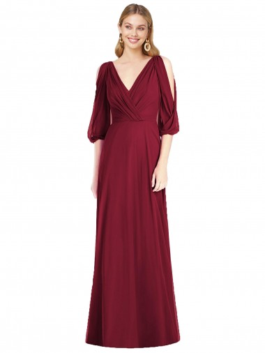 Bordeaux Trompette Col V Mousseline Longue Robes demoiselle d'honneur à Bas Prix
