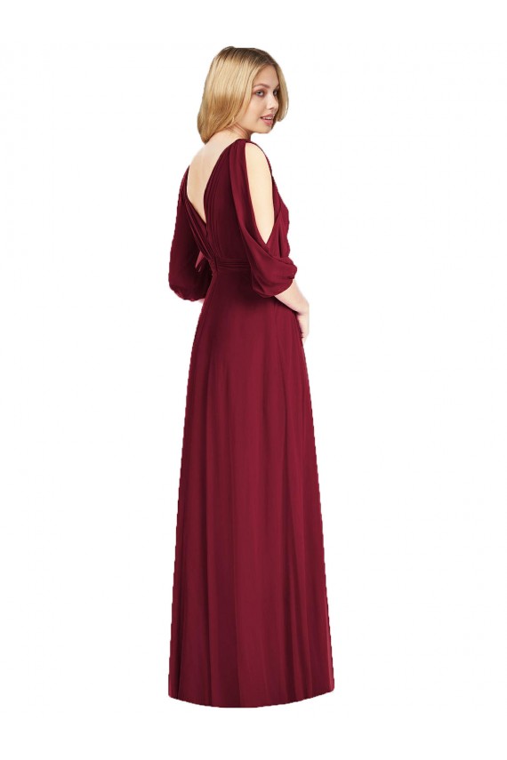 Bordeaux Trompette Col V Mousseline Longue Robes demoiselle d'honneur à Bas Prix