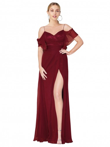 Bordeaux Trompette Épaule Dénudée Mousseline Longue Formelles Robes demoiselle d'honneur / Robes de soirée / Robes de bal à Bas Prix