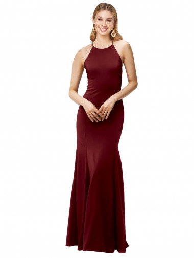 Bordeaux foncé Sirène Licou Col Haut Crêpe Stretch Longue Formelles Robes demoiselle d'honneur / Robes de soirée / Robes de bal à Bas Prix