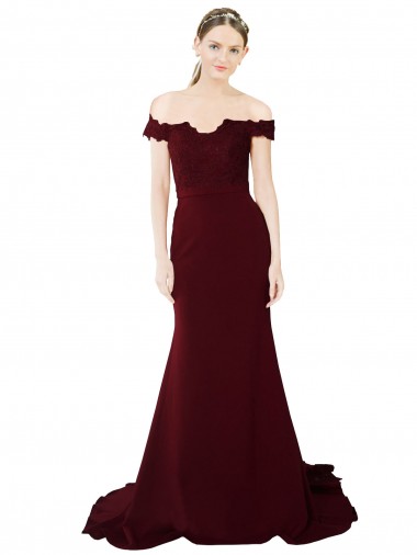 Bordeaux foncé Sirène Épaule Dénudée Balayage train Crêpe Stretch Dentelle Longue Formelles Robes demoiselle d'honneur / Robes de soirée / Robes de bal à Bas Prix