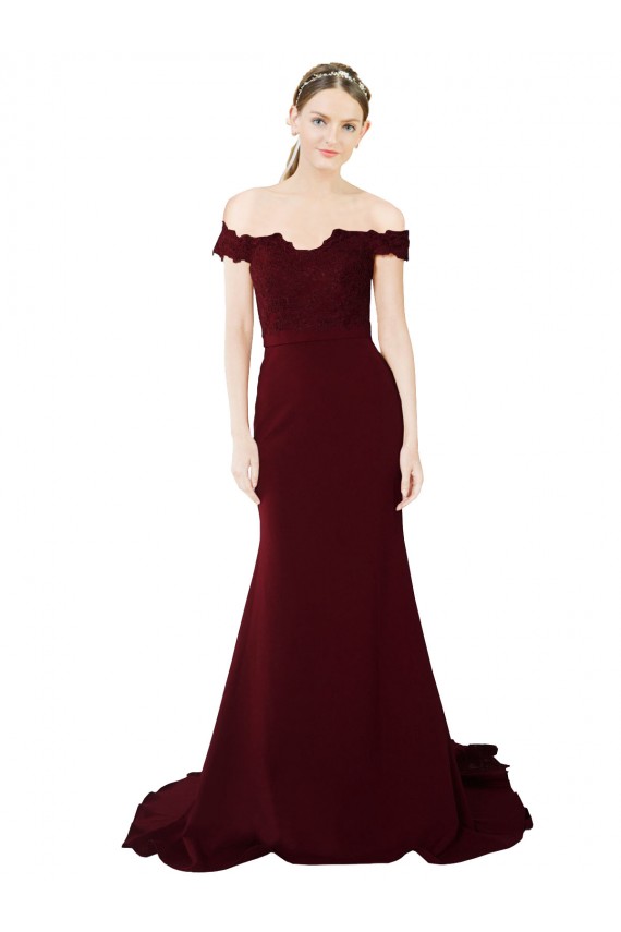 Bordeaux foncé Sirène Épaule Dénudée Balayage train Crêpe Stretch Dentelle Longue Formelles Robes demoiselle d'honneur / Robes de soirée / Robes de bal à Bas Prix