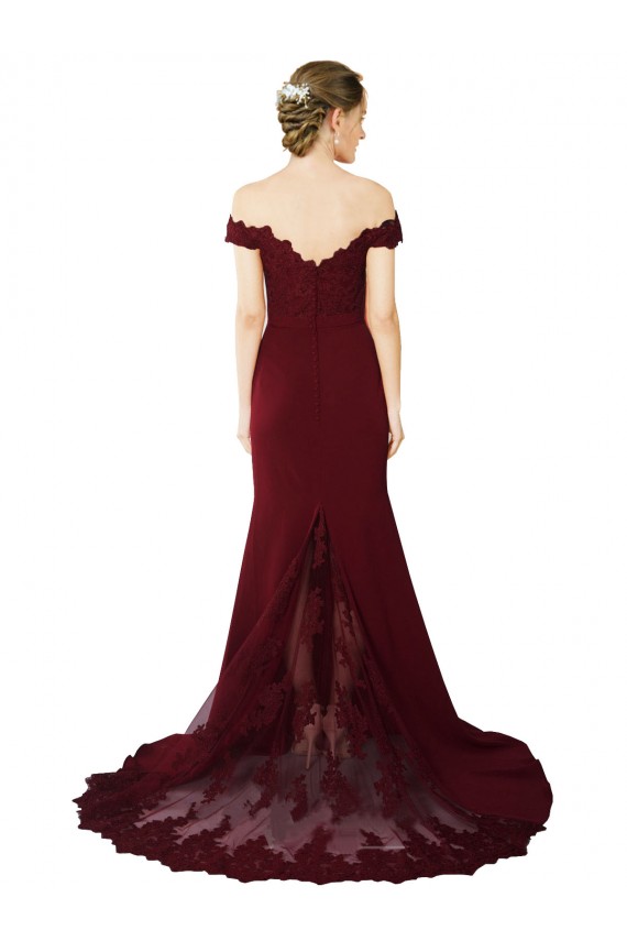 Bordeaux foncé Sirène Épaule Dénudée Balayage train Crêpe Stretch Dentelle Longue Formelles Robes demoiselle d'honneur / Robes de soirée / Robes de bal à Bas Prix