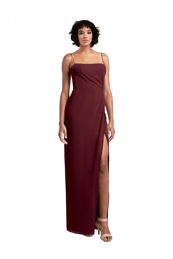 Bordeaux foncé Trapèze Bretelles spaghetti Col Carré Mousseline Longue Robes demoiselle d'honneur à Bas Prix
