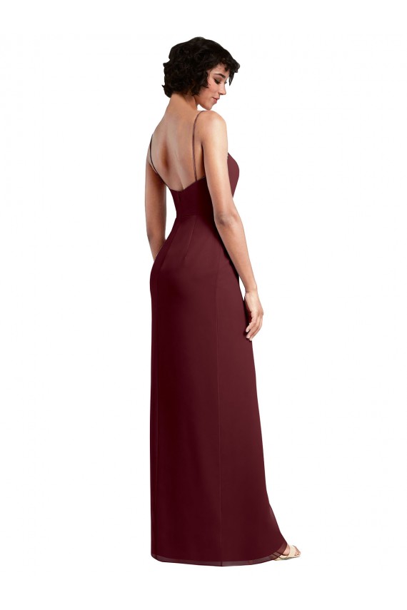 Bordeaux foncé Trapèze Bretelles spaghetti Col Carré Mousseline Longue Robes demoiselle d'honneur à Bas Prix