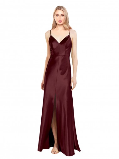 Bordeaux foncé Trapèze Bretelles spaghetti Col V Satiné Stretch Longue Formelles Robes demoiselle d'honneur / Robes de soirée / Robes de bal à Bas Prix