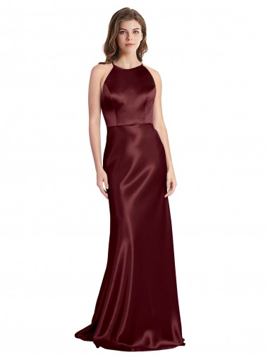 Bordeaux foncé Trapèze Bretelles spaghetti Col V Satiné Stretch Longue Formelles Robes demoiselle d'honneur / Robes de soirée / Robes de bal à Bas Prix