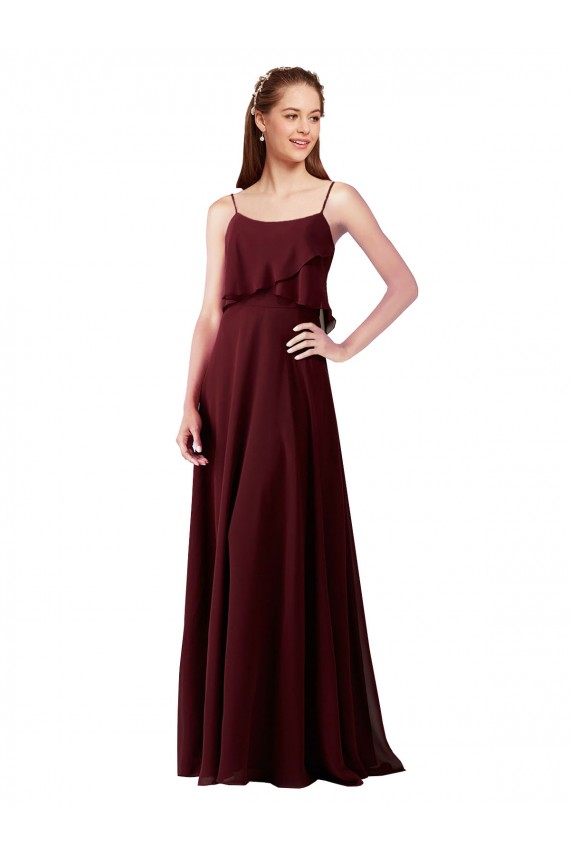 Bordeaux foncé Trapèze Bretelles spaghetti Mousseline Longue Robes demoiselle d'honneur à Bas Prix