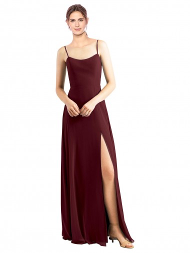 Bordeaux foncé Trapèze Bretelles spaghetti Scoop Mousseline Longue Robes demoiselle d'honneur à Bas Prix