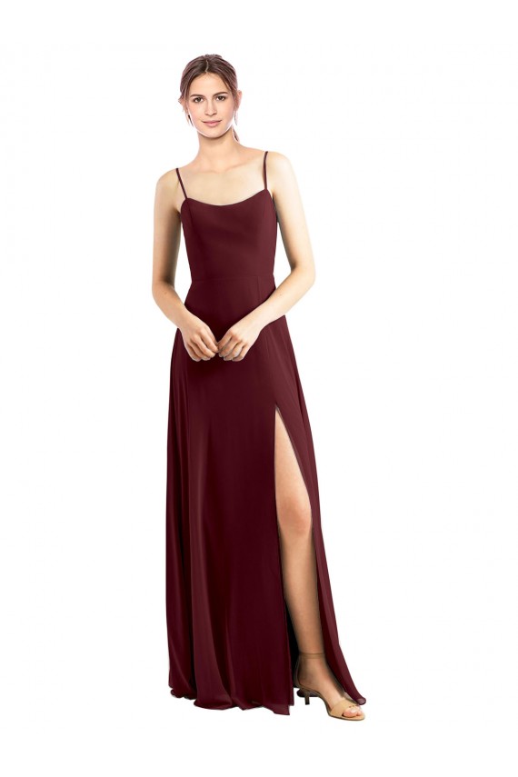Bordeaux foncé Trapèze Bretelles spaghetti Scoop Mousseline Longue Robes demoiselle d'honneur à Bas Prix