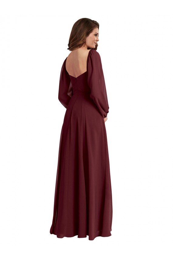 Bordeaux foncé Trapèze Col Carré Mousseline Longue Robes demoiselle d'honneur à Bas Prix