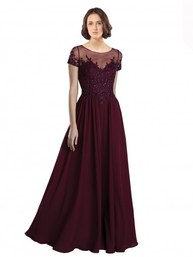 Bordeaux foncé Trapèze Col bijou Tulle Mousseline Longue Robes demoiselle d'honneur à Bas Prix
