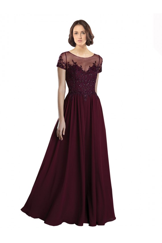 Bordeaux foncé Trapèze Col bijou Tulle Mousseline Longue Robes demoiselle d'honneur à Bas Prix