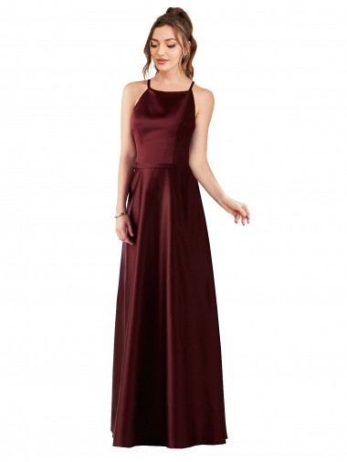 Bordeaux foncé Trapèze Licou Satiné Longue Robes demoiselle d'honneur / Robes de bal à Bas Prix