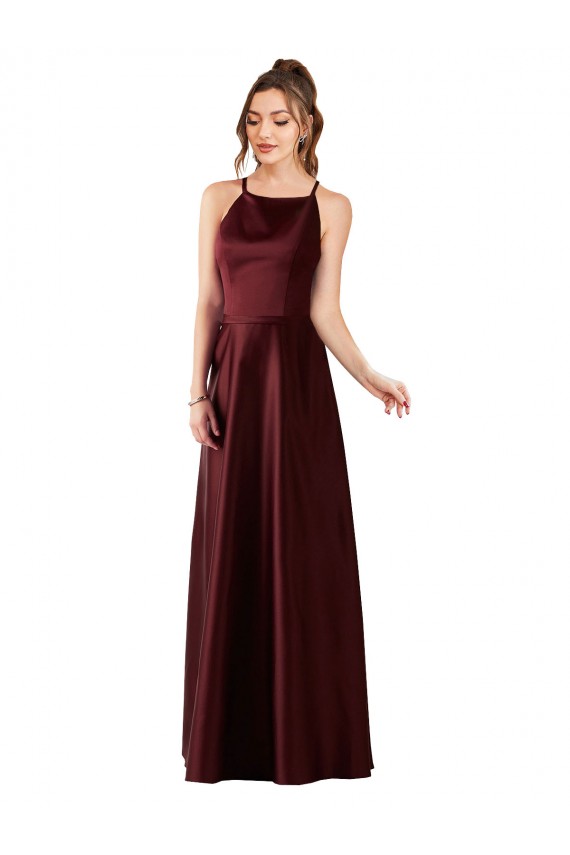 Bordeaux foncé Trapèze Licou Satiné Longue Robes demoiselle d'honneur / Robes de bal à Bas Prix
