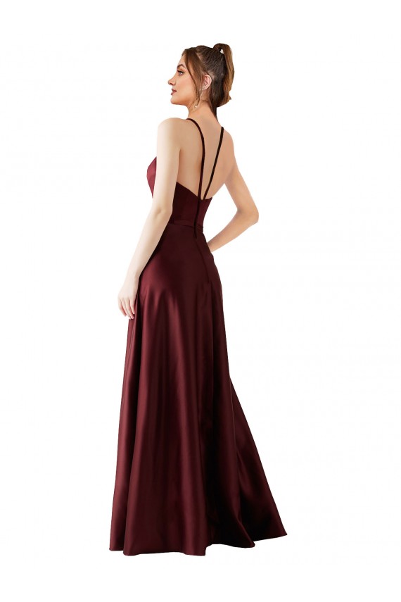 Bordeaux foncé Trapèze Licou Satiné Longue Robes demoiselle d'honneur / Robes de bal à Bas Prix