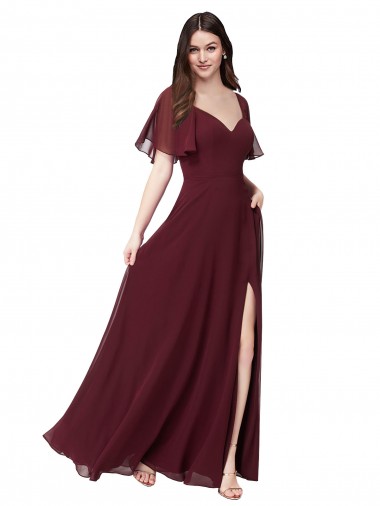 Bordeaux foncé Trapèze Mousseline Longue Robes demoiselle d'honneur à Bas Prix