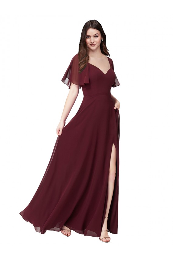 Bordeaux foncé Trapèze Mousseline Longue Robes demoiselle d'honneur à Bas Prix