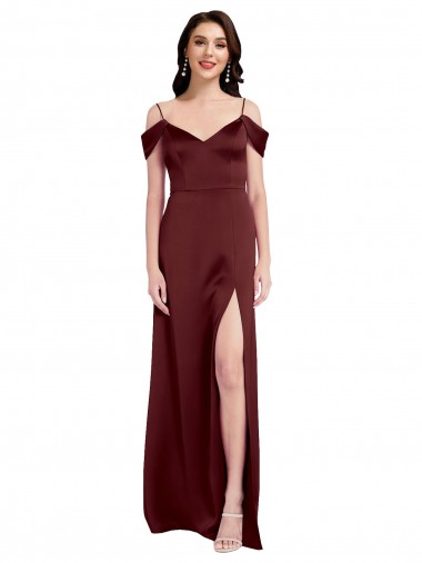 Bordeaux foncé Trapèze Épaule Dénudée Col V Satiné Stretch Longue Formelles Robes demoiselle d'honneur / Robes de soirée / Robes de bal à Bas Prix