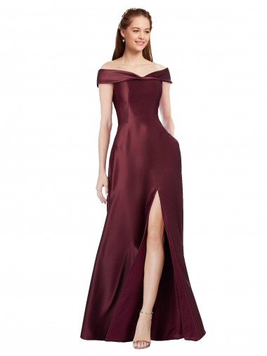 Bordeaux foncé Trapèze Épaule Dénudée Sans bretelle Satiné Longue Formelles Robes demoiselle d'honneur / Robes de soirée / Robes de bal à Bas Prix