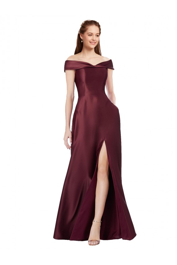 Bordeaux foncé Trapèze Épaule Dénudée Sans bretelle Satiné Longue Formelles Robes demoiselle d'honneur / Robes de soirée / Robes de bal à Bas Prix