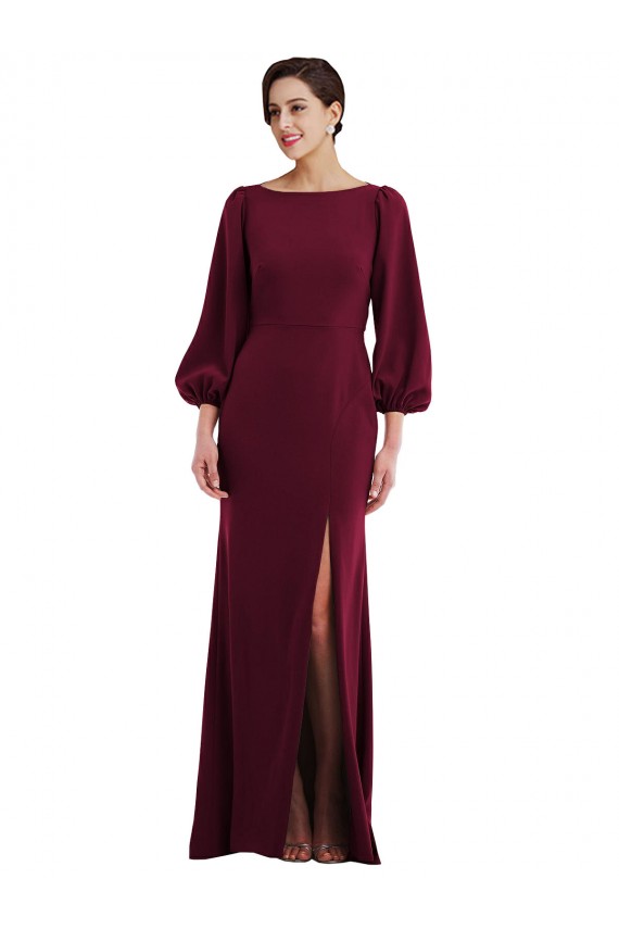 Bordeaux foncé Trompette Bateau Crêpe Stretch Longue Formelles Robes demoiselle d'honneur / Robes de soirée / Robes de bal à Bas Prix