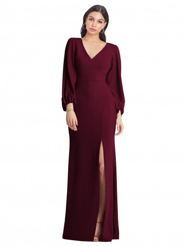 Bordeaux foncé Trompette Col V Crêpe Stretch Longue Robes demoiselle d'honneur / Robes de bal à Bas Prix