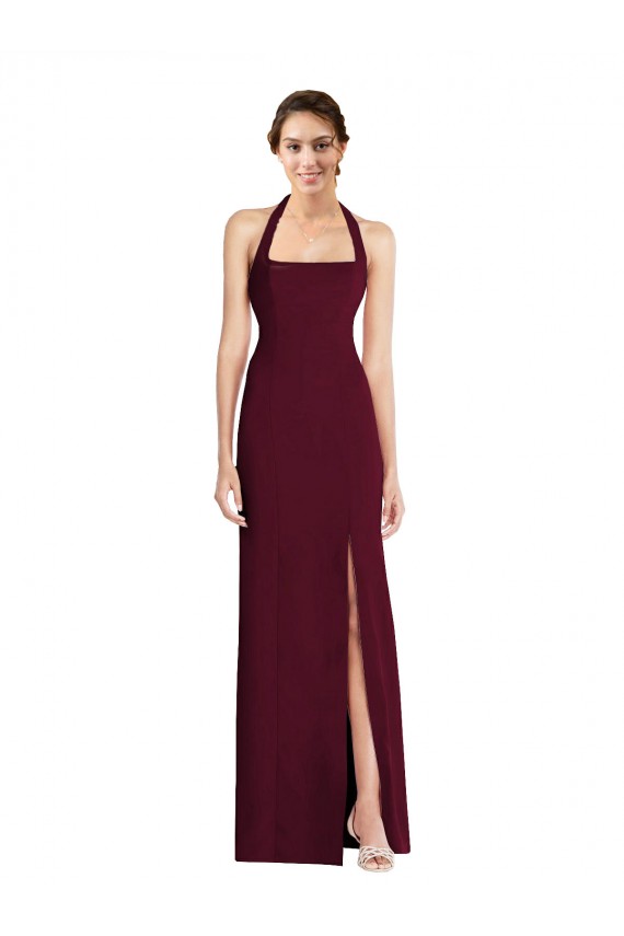 Bordeaux foncé Trompette Licou Crêpe Stretch Longue Robes demoiselle d'honneur / Robes de bal à Bas Prix