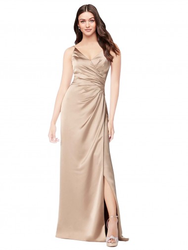 Champagne Rose Trapèze Bretelles spaghetti Col V Satiné Soyeux Longue Formelles Robes demoiselle d'honneur / Robes de soirée / Robes de bal à Bas Prix