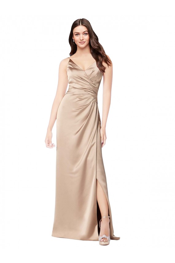 Champagne Rose Trapèze Bretelles spaghetti Col V Satiné Soyeux Longue Formelles Robes demoiselle d'honneur / Robes de soirée / Robes de bal à Bas Prix