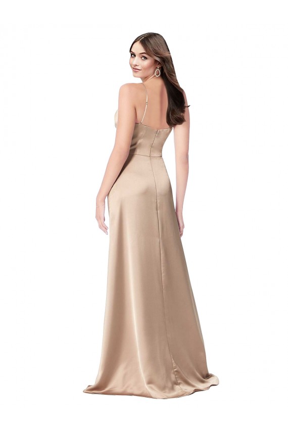 Champagne Rose Trapèze Bretelles spaghetti Col V Satiné Soyeux Longue Formelles Robes demoiselle d'honneur / Robes de soirée / Robes de bal à Bas Prix