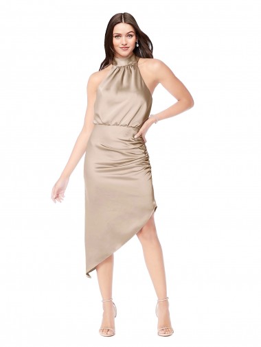 Champagne Rose Trapèze Licou midi Satiné Soyeux Courte Asymétrique Robes demoiselle d'honneur / Robes de bal / Robes de cocktail à Bas Prix