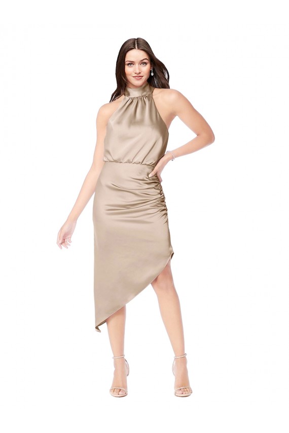 Champagne Rose Trapèze Licou midi Satiné Soyeux Courte Asymétrique Robes demoiselle d'honneur / Robes de bal / Robes de cocktail à Bas Prix