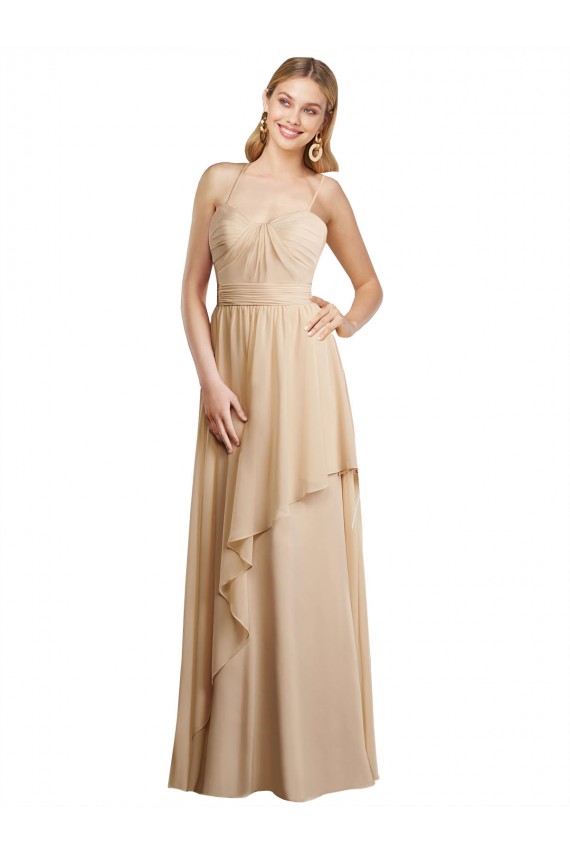 Champagne Trapèze Bretelles spaghetti Mousseline Longue Robes demoiselle d'honneur à Bas Prix