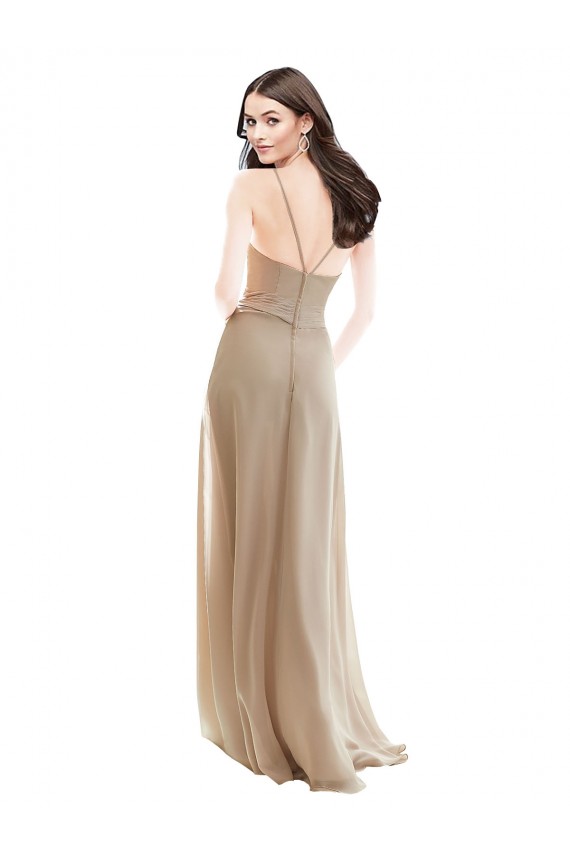 Champagne Trapèze Col Haut Mousseline Longue Robes demoiselle d'honneur à Bas Prix