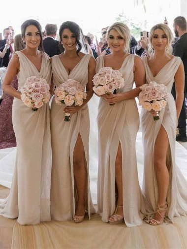 Champagne Trapèze Col V Mousseline Longue Robes demoiselle d'honneur à Bas Prix