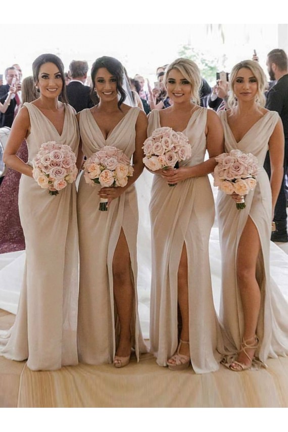 Champagne Trapèze Col V Mousseline Longue Robes demoiselle d'honneur à Bas Prix